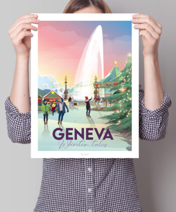 Femme tenant une affiche du marché de noël à Genève