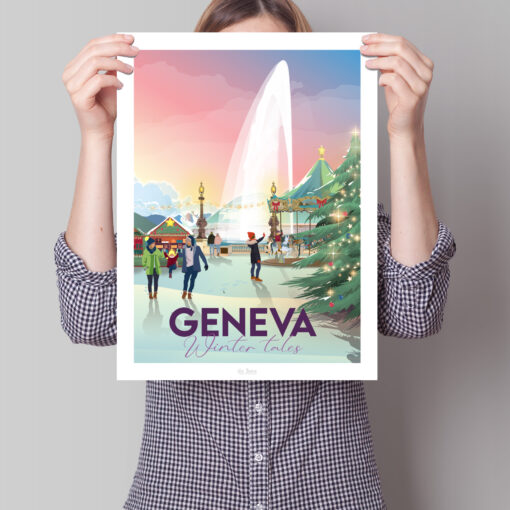 Femme tenant une affiche du marché de noël à Genève