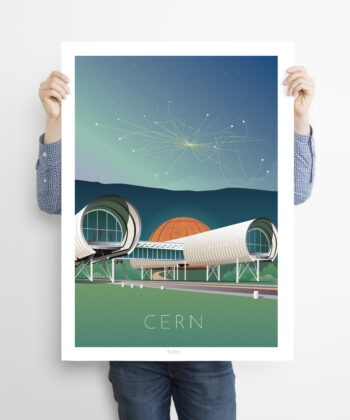 Man holding a poster of Cern with particles