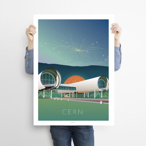 Man holding a poster of Cern with particles