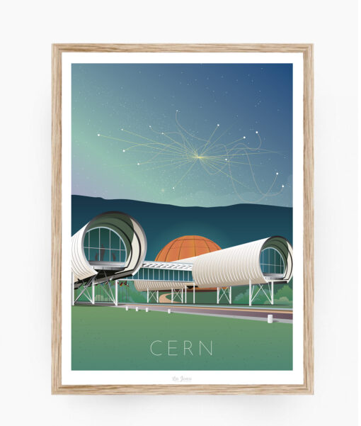 Affiche du Cern avec des particules dans le ciel