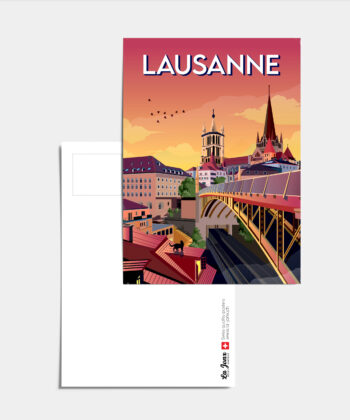 Carte postale d'un pont et de la cathédrale à Lausanne