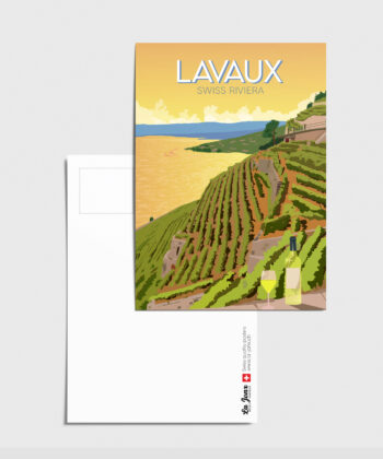 Carte postale des vignes de Lavaux avec une bouteille de vin
