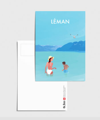 Carte postale du lac Léman avec une femme et un enfant