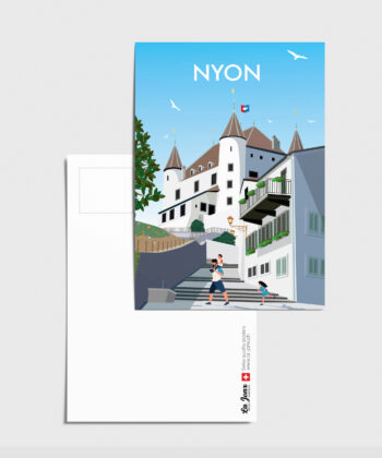 Carte postale du château de Nyon avec un homme et des enfants