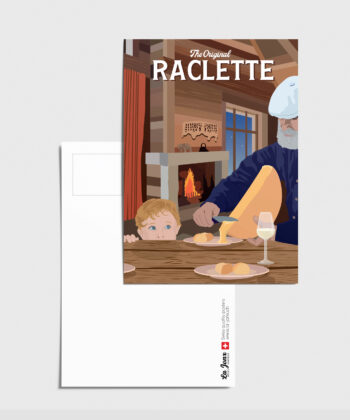 Carte postale d'un homme et un enfant mangeant de la raclette