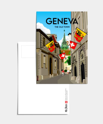 Carte postale de la vieille ville à Genève avec les drapeaux